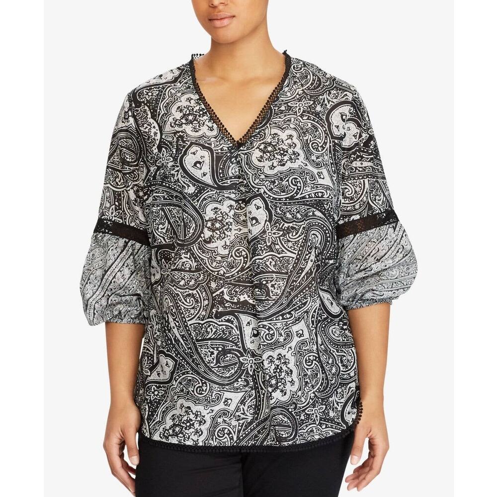 Lauren Ralph Lauren Size XL Black White Paisley Silk Blend Blouse